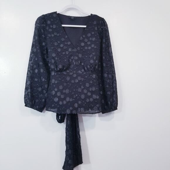 J. Crew Black Polka Metallic Dot Jacquard Blouse V-Neckline Tie Waist - Picture 3 of 13